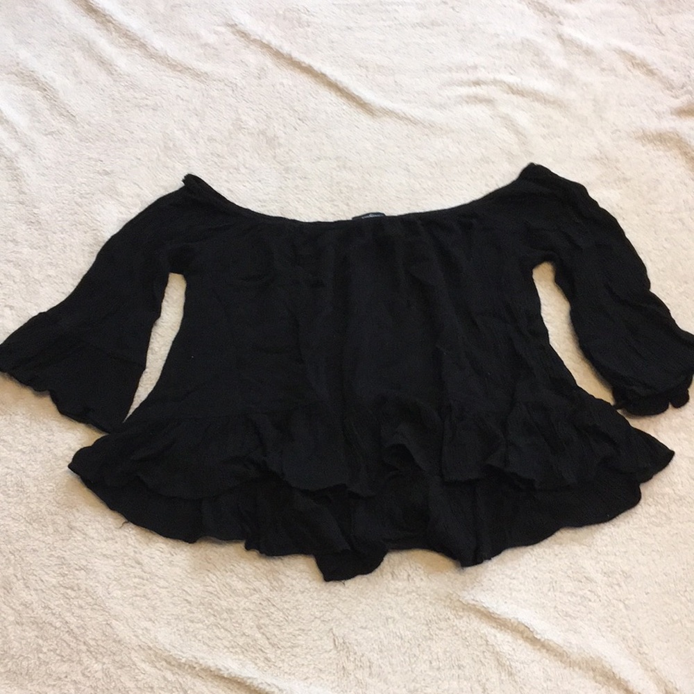 Ambiance black flounce off-the-shoulder crop top